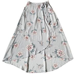 J.O.A. Los Angeles Floral High Low Faux Wrap Skirt Blue Gray Womens Size XS